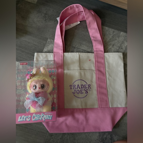 Trader Joe’s mini canvas tote bag in pink and Labubu Let’s Checkmate - Picture 1 of 3